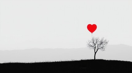 Heart-shaped Balloon Floating Above a Leafless Tree on a Minimalistic Landscape