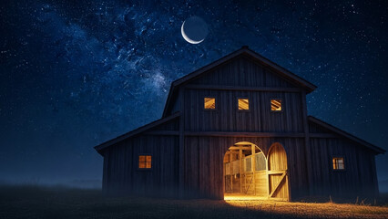 Rustic Barn Under Starry Night Sky with Crescent Moon Shine
