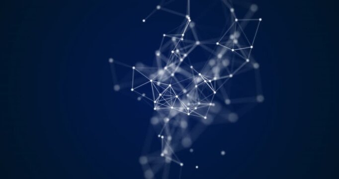 Movable interlaces of dots and lines dance in a cosmic rhythm on a dark blue background. Their smooth movement creates a sense of depth and digital harmony. Looping seamless animation.