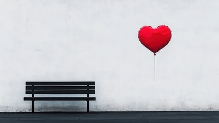 Heart-Shaped Balloon Floating Above Empty Black Bench Against White Wall