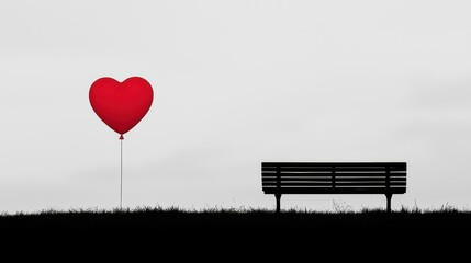 Heart-Shaped Balloon Floating Near a Solitary Bench in a Serene Atmosphere
