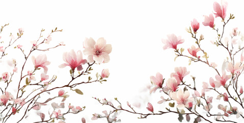 Pink magnolia flowers blooming on tree branches, creating a delicate watercolor floral border design, symbolizing spring, beauty, freshness, and growth with a transparent background © Narin