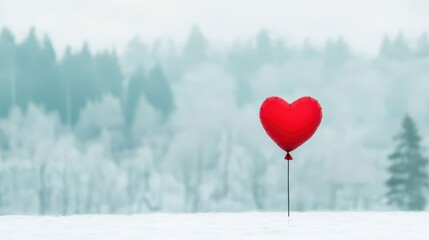 Single Red Heart Balloon Against Frosty Winter Landscape with Soft Focus Background