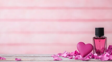 Delicate Pink Perfume Bottle with Rose Petals and Heart on Wooden Surface