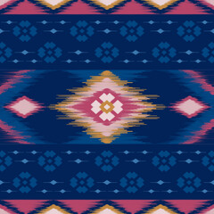 Ethnic ikat blue pink dye yarns weaving seamless pattern. Vector hand drawn craftsmanship embroidery bohemian, abstract square geographic art fabric ikat textile material design for clothing wallpaper
