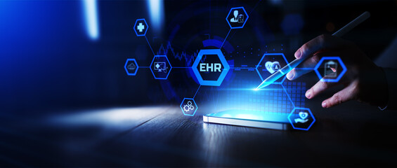 Electronic Health Records EHR System and Patient Data Access Displayed on Digital Medical Interface.
