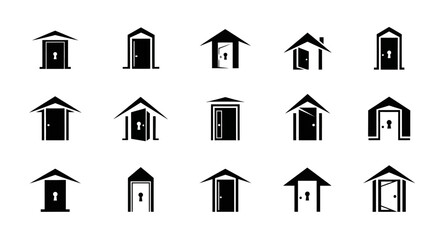 Conceptual black and white collection of doorways with house roof elements and keyhole designs