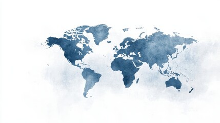 Watercolor Map of World in Blue Tones on White Background for Artistic Designs