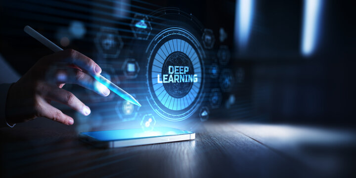 Deep Learning and Artificial Intelligence Innovation Shown in Futuristic Digital Interface. - Powered by Adobe