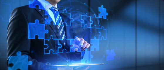 Business Strategy and Global Collaboration Concept with Digital Puzzle Integration.