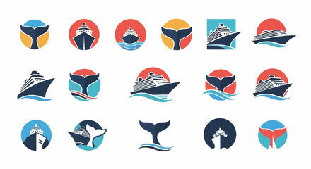 Collection of stylized ship and whale tail emblems for maritime industry branding