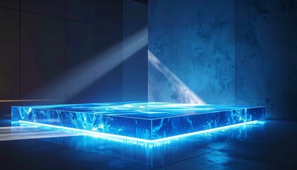 abstract technology background reflections on the tile floor in a dark concrete room. Natural light enters through gaps in the walls, creating a dramatic and modern atmosphere.