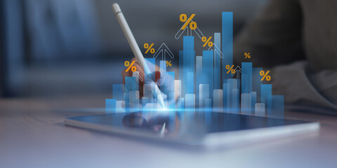 Financial Growth Metrics and Percentage Analytics Projected on Virtual Screen as Wide Business and Technology Banner.