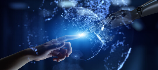 Human and Robotic Hand Connection Symbolizing Digital Transformation and AI Collaboration 3d render.