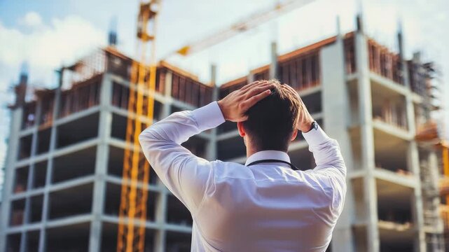 Male architect or investor holding head in hands looking at unfinished concrete building at construction site. Concept of failure, stress, construction and problem