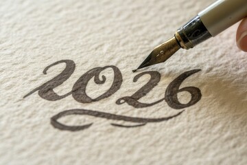 Fototapeta premium Calligraphy pen writing the year 2026 on textured paper
