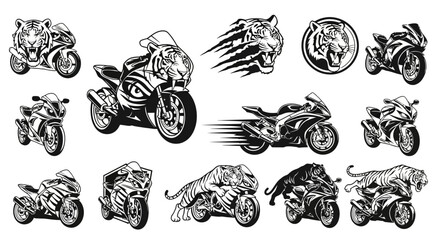 Dynamic black and white motorcycle illustrations combined with tiger designs showcasing speed © punduh
