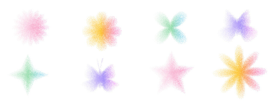 Grain noise iridescent gradient icon shapes. Retro y2k stippling forms set. Pink, yellow flowers, butterfly and sparkles isolated on transparent background. Vector spray butterflies illustration.