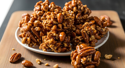 Obraz premium Tasty pecan praline treats on a white plate sitting on a wooden cutting board with a few pecans scattered around