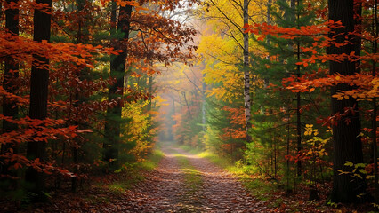 Serene forest pathway with vibrant fall foliage
