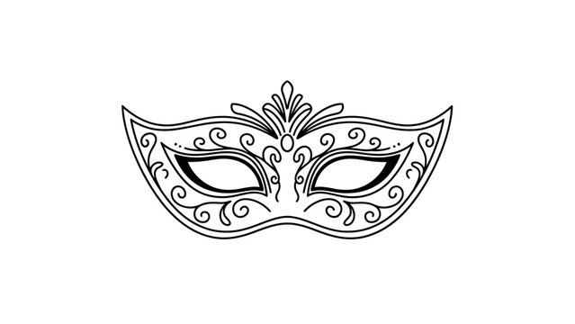 A detailed black and white line art illustration of an ornate masquerade mask with intricate scrollwork and decorative patterns, perfect for carnival or costume events.