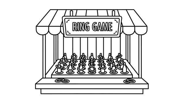 Black and white line art of a classic carnival ring toss game booth with a striped awning and multiple pegs.