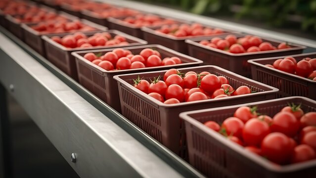 A conveyor belt filled with rows of ripe, red cherry tomatoes in dark brown plastic crates, industrial setting