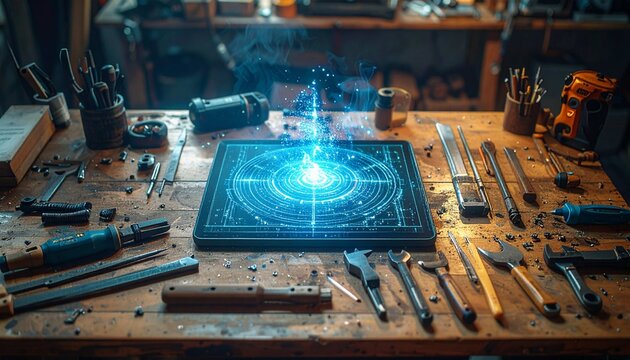 A futuristic digital tablet with a bright blue holographic projection sits in the middle of a messy wooden workbench, surrounded by various workshop equipment and hand tools.&nbsp;Lightd