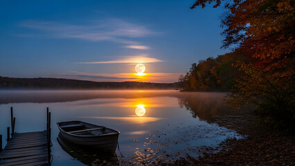 Serene Lake at Dawn with Misty Atmosphere