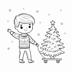 Fototapeta premium A Child and Christmas Tree: A cheerful child, radiating joy, pulling a Christmas tree, ready to bring festive cheer and winter celebration