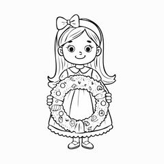Fototapeta premium Christmas Cheer: A young girl, radiating festive joy, stands gracefully holding a beautifully adorned wreath. A celebration of holiday spirit, happiness and child's happiness.