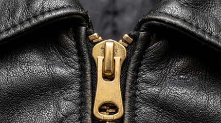 Extreme Close-up of a Shiny Golden Zipper on a Textured Black Leather Jacket Detail