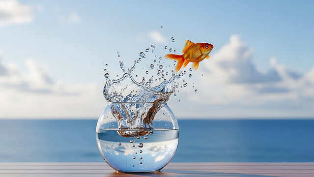 Concept of freedom as goldfish leaps from bowl to ocean