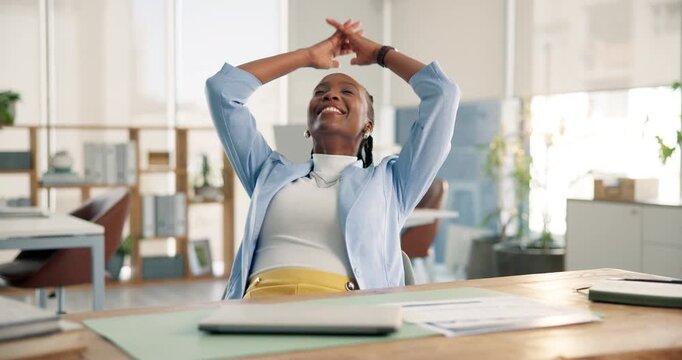 Media agency, relax and black woman with laptop, stretching and smile with finished task. African person, copywriting and journalist with pc, submit news report or completed assignment with success
