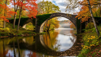 Serene Autumnal Landscape with Ancient Stone Bridge