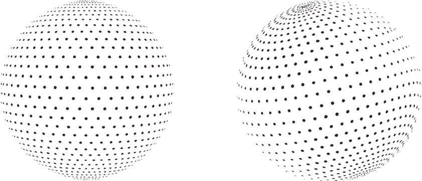 Two black and white geometric sphere grids in different perspectives