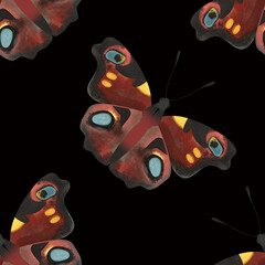 Peacock butterfly. Seamless watercolor pattern for printing on fabric, textiles, wrapping paper, bags, notebooks and notepads.