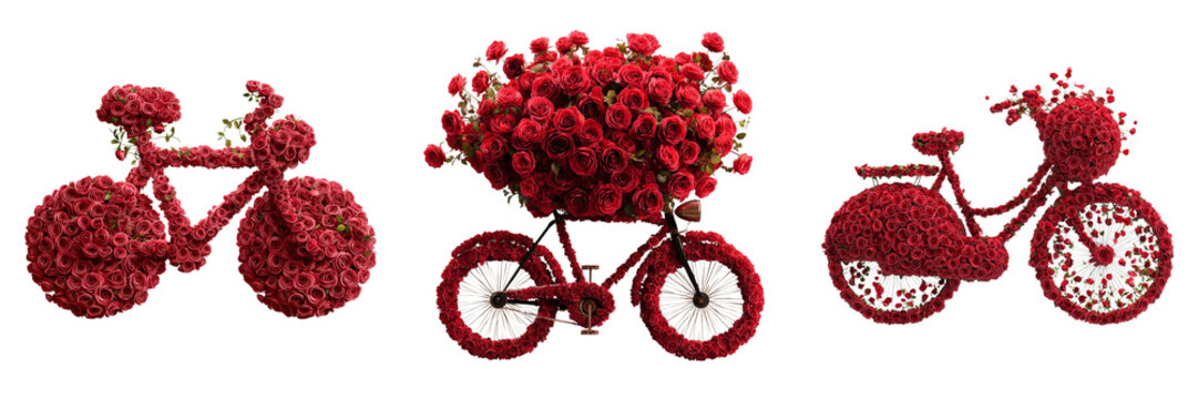 Set of Vintage polka dot bicycle leaning against a small red rose tree transparent png background. Ai generated