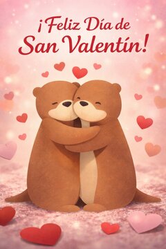 Celebraci&oacute;n del D&iacute;a de San Valent&iacute;n con dos ositos abraz&aacute;ndose y corazones alrededor