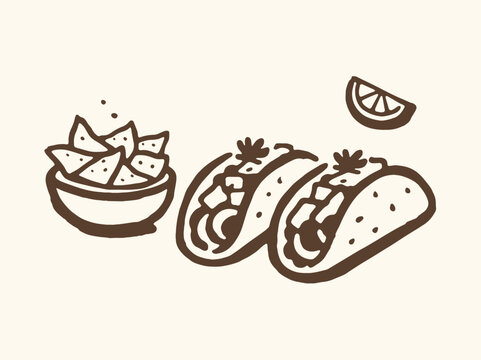 Tacos Nachos Lime Minimal Line Sketch Vector Illustration