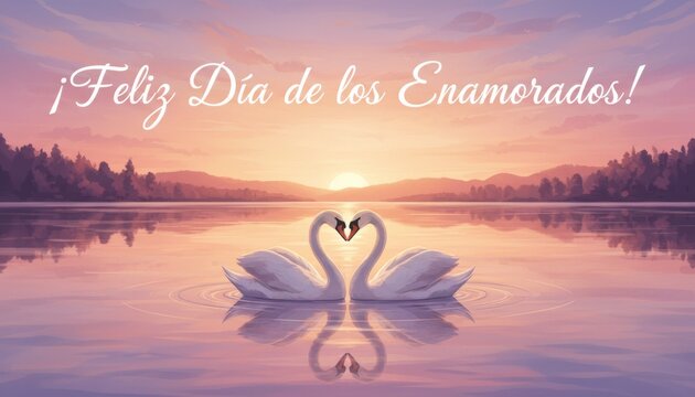 Dos cisnes en un lago forman un coraz&oacute;n durante el atardecer en un d&iacute;a especial