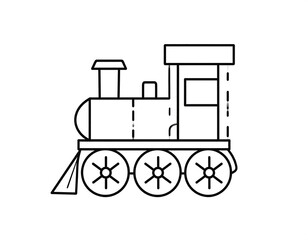 Simple black outline drawing of a cartoon train with wheels, a smokestack, and a rectangular cabin