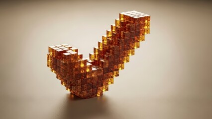 Golden Check Mark Symbol Made of Cubes on Textured Background.