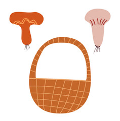 Mushroom picker set: wicker basket, mushrooms. Vector elements, autumn illustration.