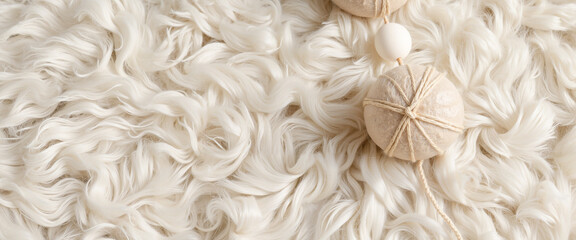 Textured cream rug with decorative wooden beads on top  