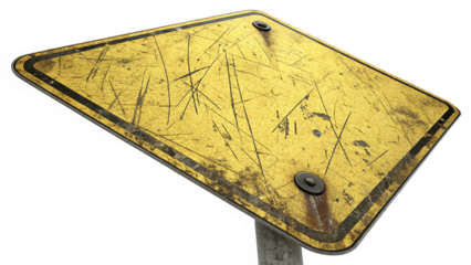 heavily damaged yellow worn metal sign panel with scratches dents and distressed industrial texture on stand