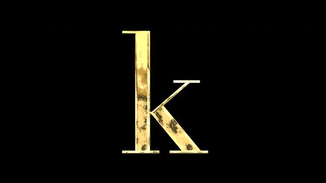 Gold lowercase alphabet &ldquo;k&rdquo;, Serif, light reflecting and patterns shifting, alpha channel
