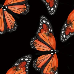 Butterfly. Monarch butterfly or Danaus plexippus. Seamless watercolor pattern for printing on fabric, textiles, wrapping paper, bags, notebooks and notepads. Trend for ss2026