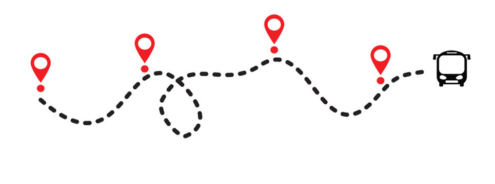 Vector illustration of a bus route with dotted lines and location marker icons. Travel navigation, transportation, road map, winding, straight with flat design.
