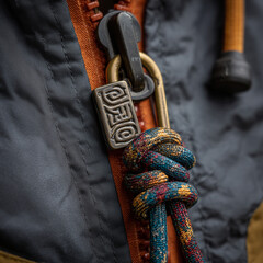down jacket zipper closeup. Close-up of a climbing carabiner and locking mechanism with colorful rope, symbolizing adventure, safety, and outdoor exploration. 